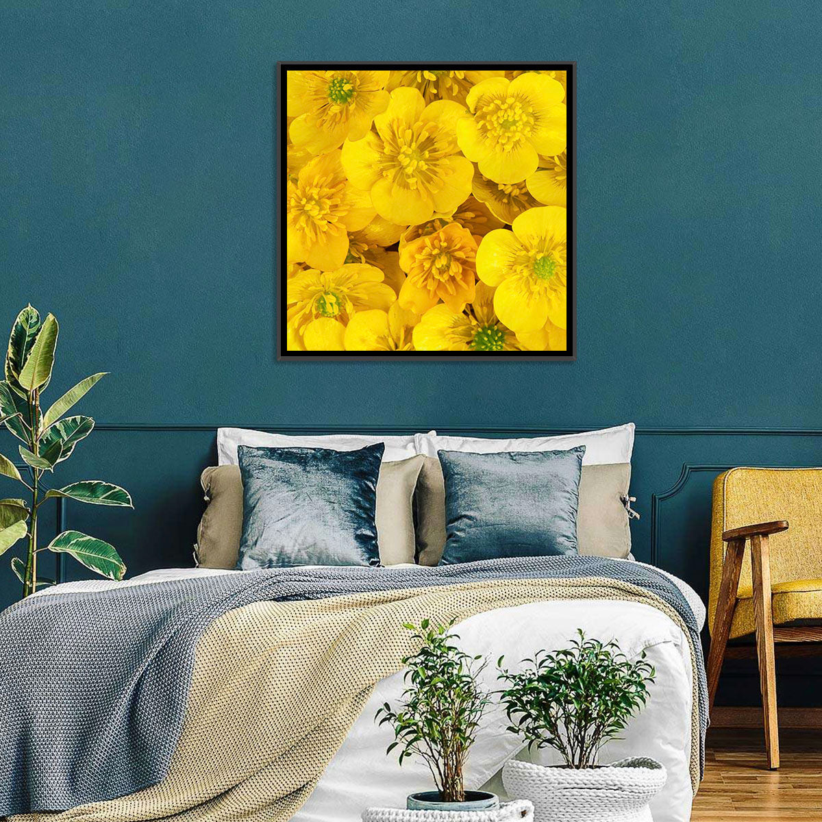 Yellow Buttercup Close-up Wall Art in a room, landscape
