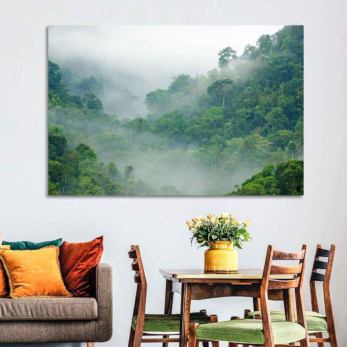 Misty Rainforest Morning Wall Art in a room, landscape