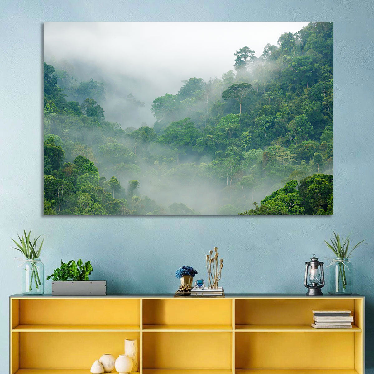 Misty Rainforest Morning Wall Art in a room, landscape