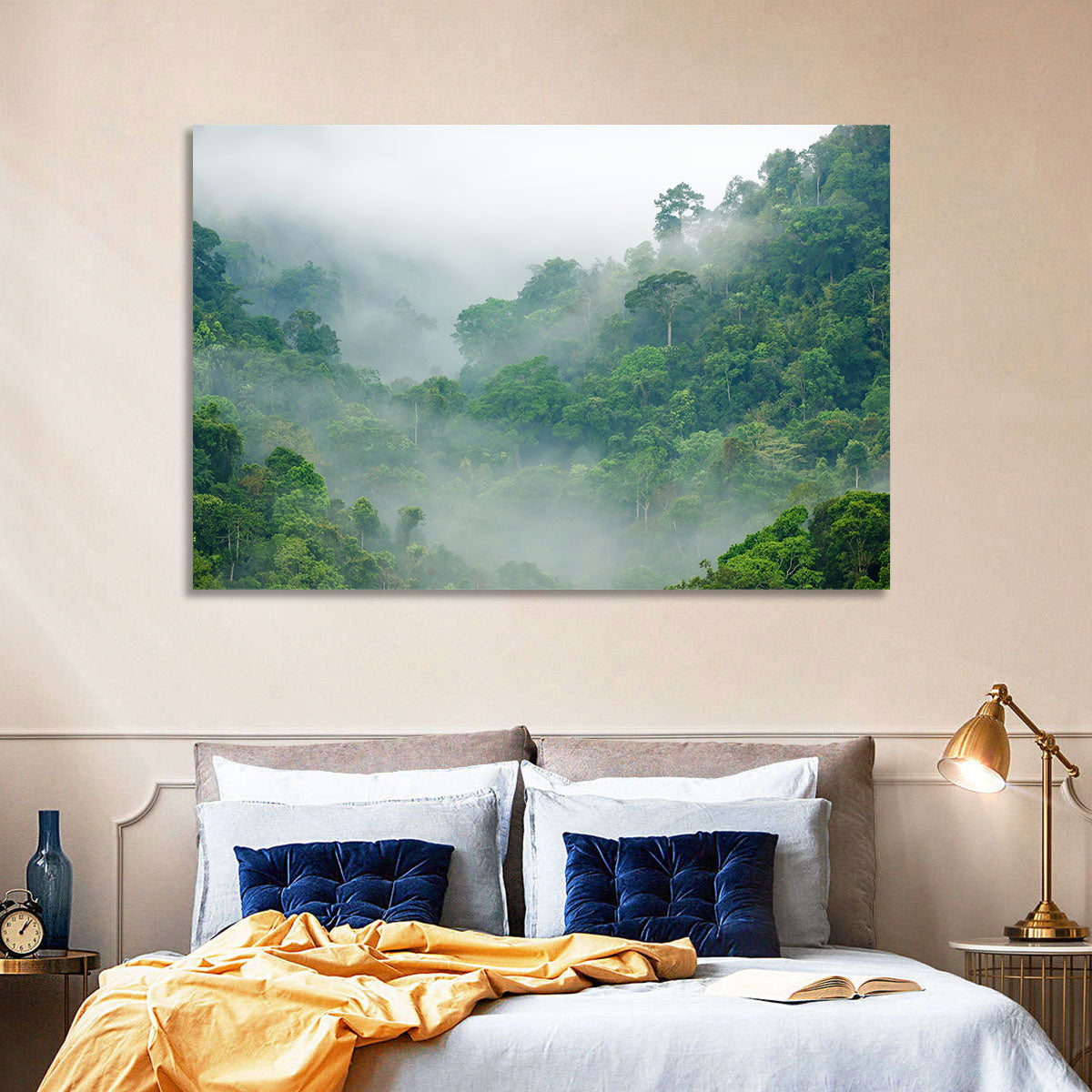Misty Rainforest Morning Wall Art in a room, landscape