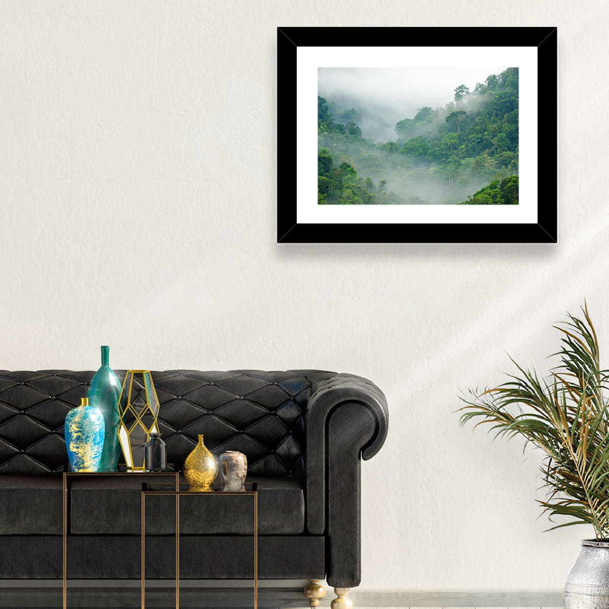 Misty Rainforest Morning Wall Art in a room, landscape