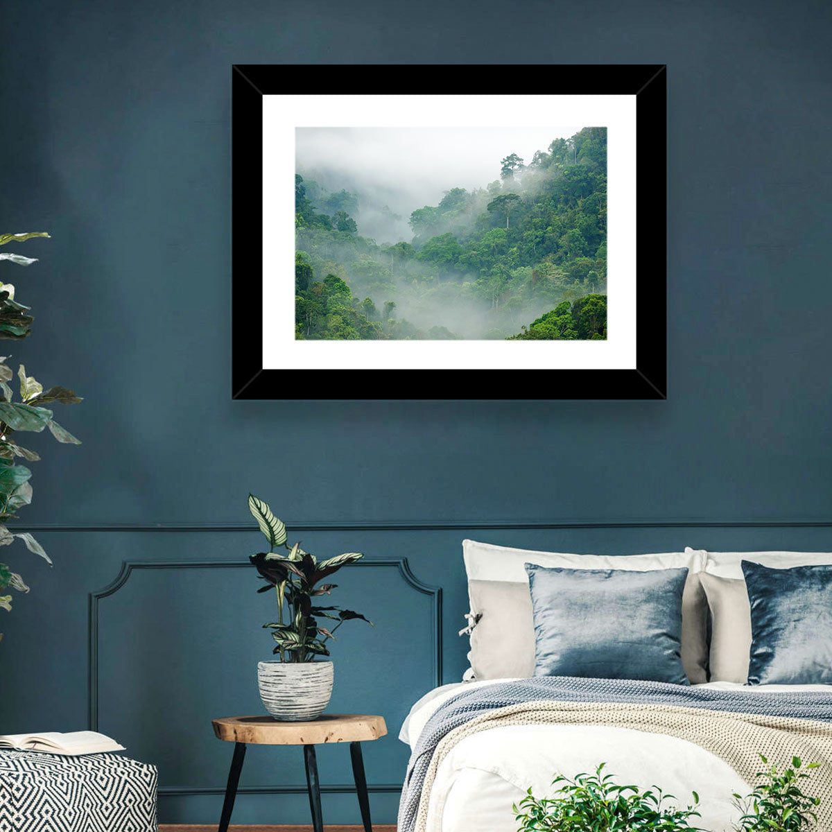 Misty Rainforest Morning Wall Art in a room, landscape