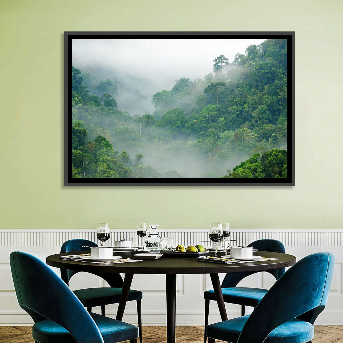Misty Rainforest Morning Wall Art in a room, landscape