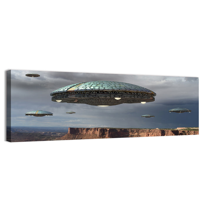 Ufos Over Stormy Canyon Wall Art as a canvas print