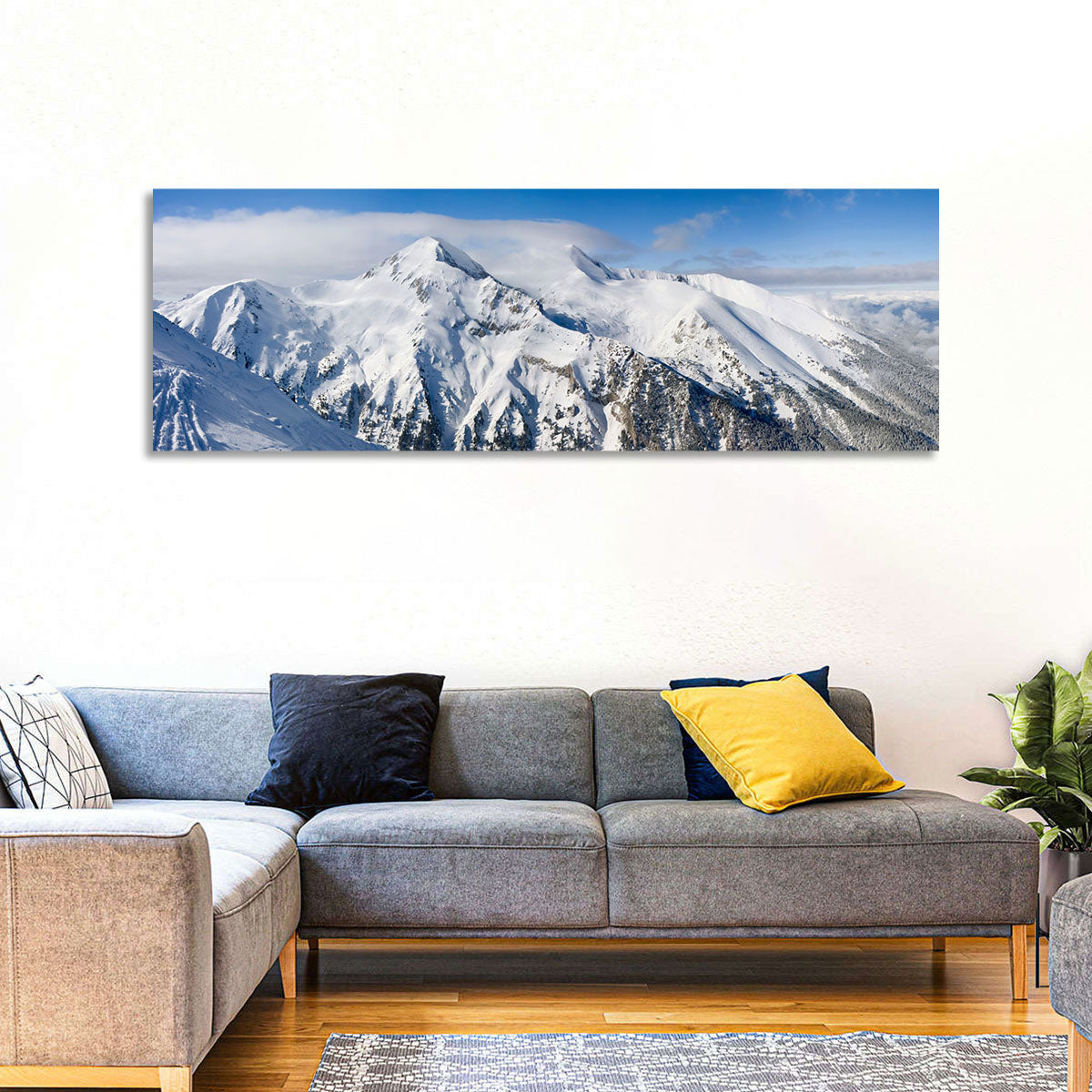 Bansko Snow-capped Peaks Wall Art in a room, panoramic