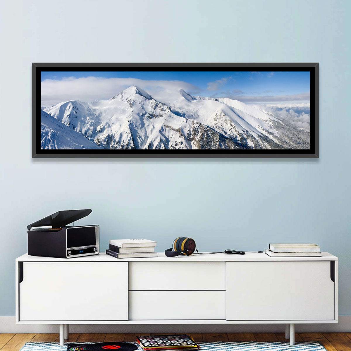 Bansko Snow-capped Peaks Wall Art in a room, panoramic