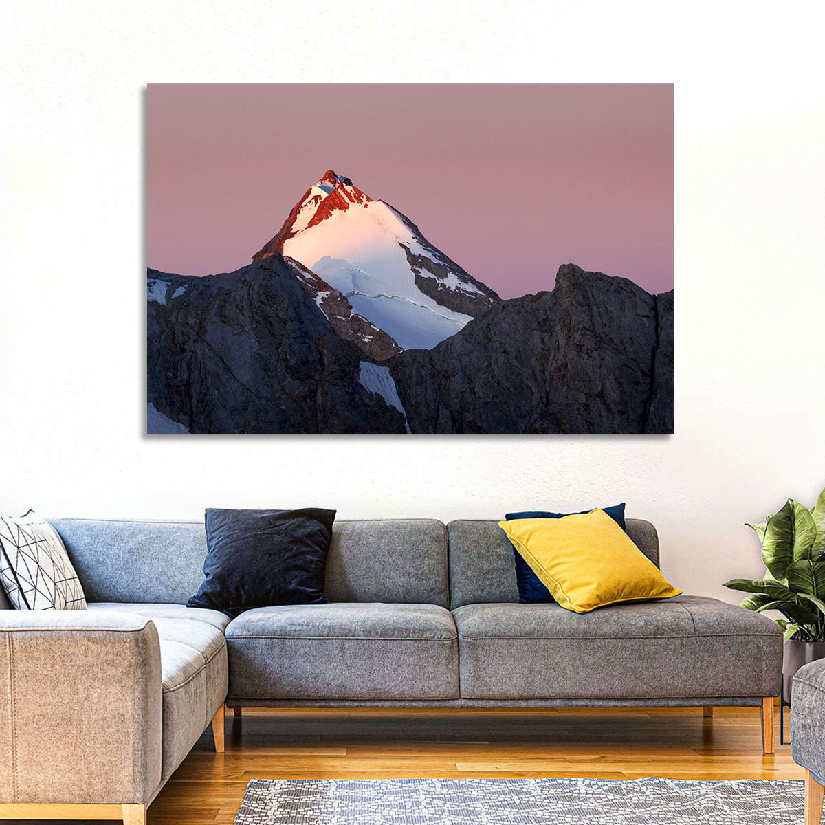 Mount Chimtarga Alpenglow Wall Art in a room, landscape