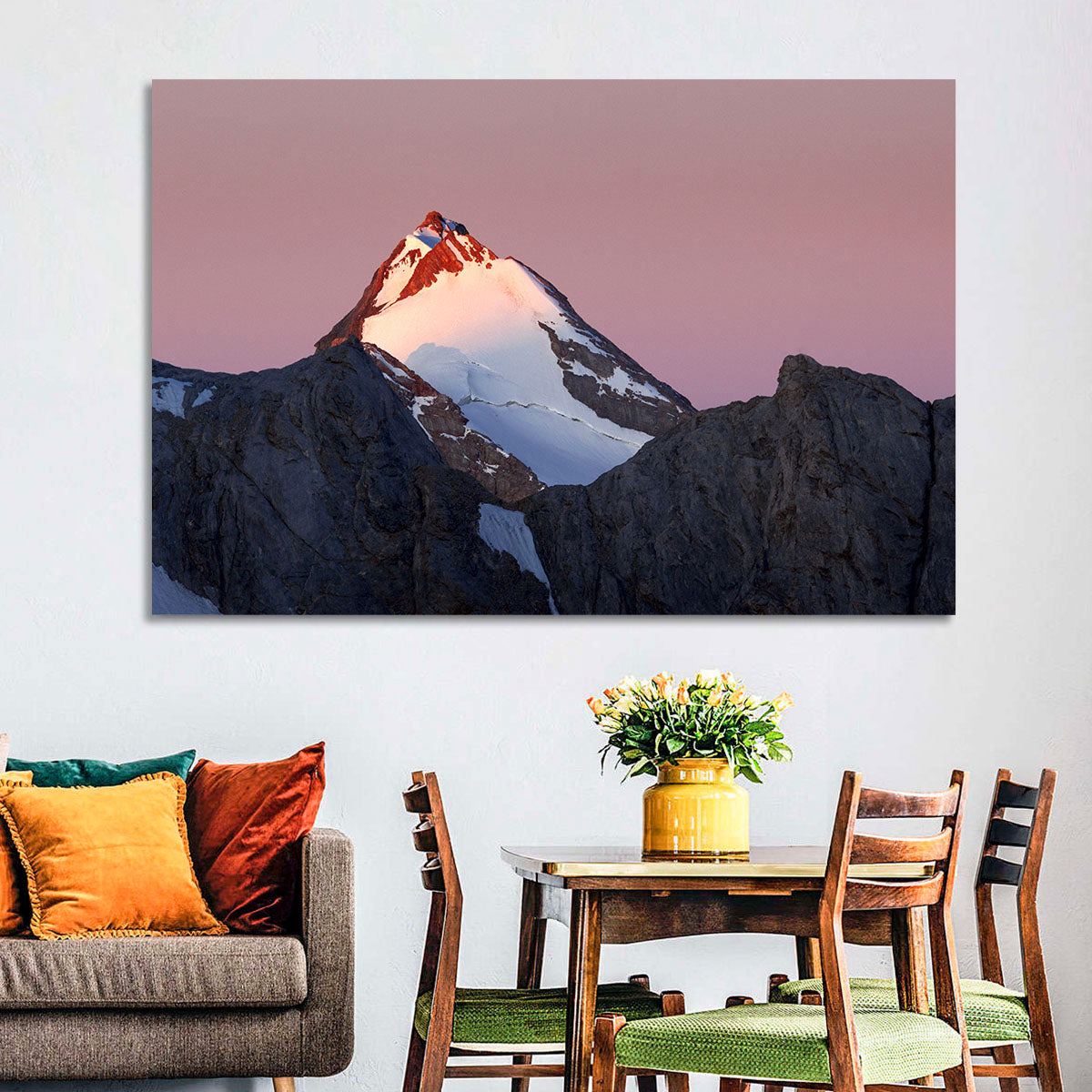 Mount Chimtarga Alpenglow Wall Art in a room, landscape