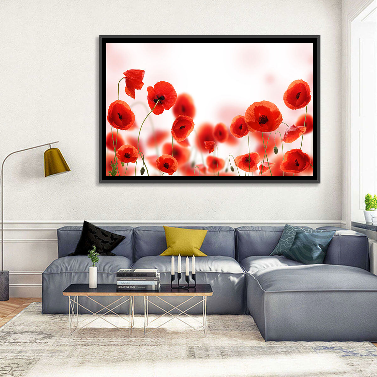 Red Poppy Field Wall Art in a room, landscape