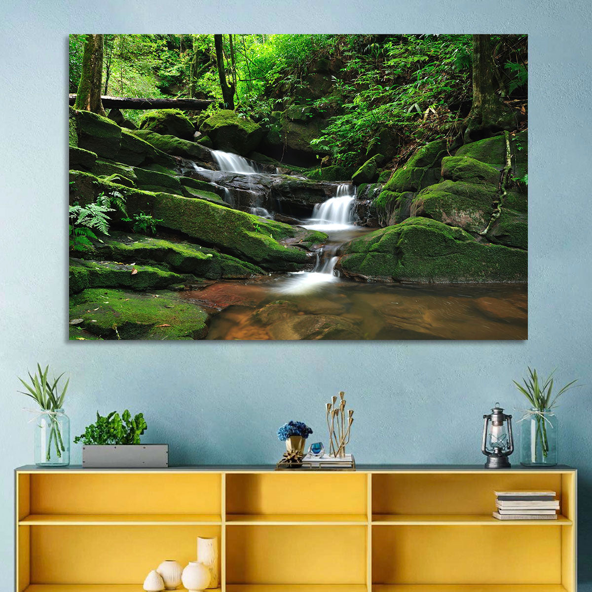 Mossy Rainforest Stream Wall Art in a room, landscape