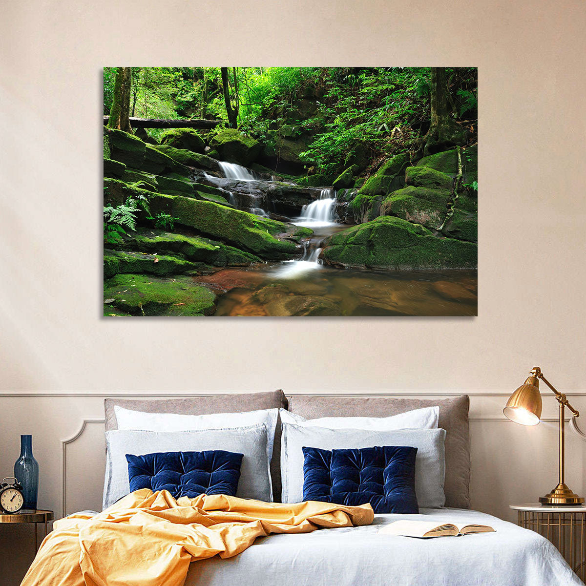 Mossy Rainforest Stream Wall Art in a room, landscape