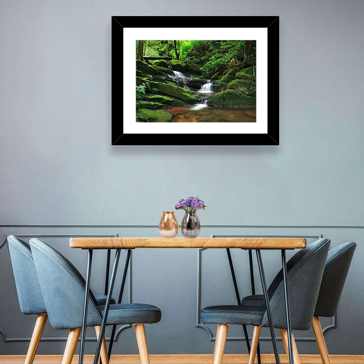 Mossy Rainforest Stream Wall Art in a room, landscape