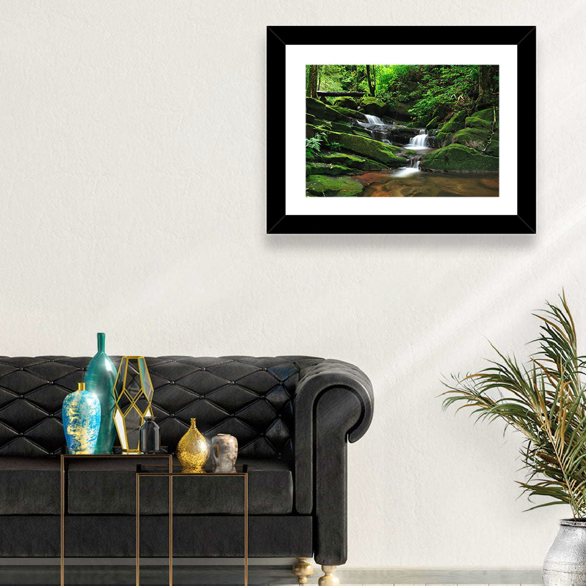 Mossy Rainforest Stream Wall Art in a room, landscape