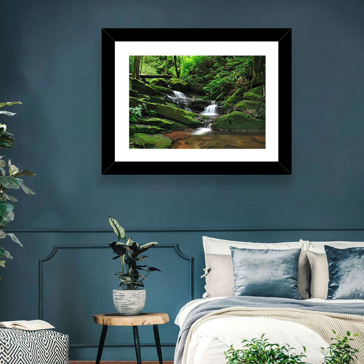 Mossy Rainforest Stream Wall Art in a room, landscape
