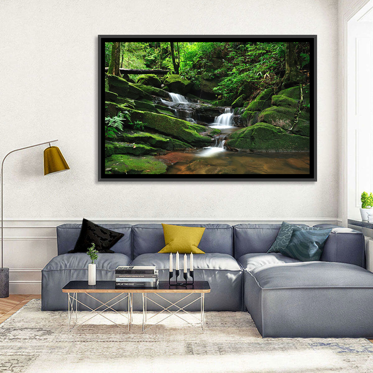 Mossy Rainforest Stream Wall Art in a room, landscape