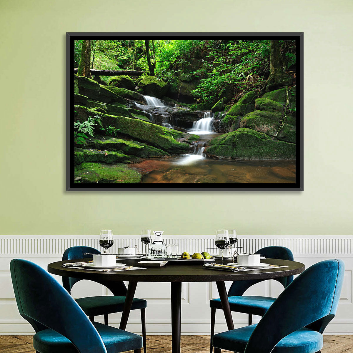 Mossy Rainforest Stream Wall Art in a room, landscape