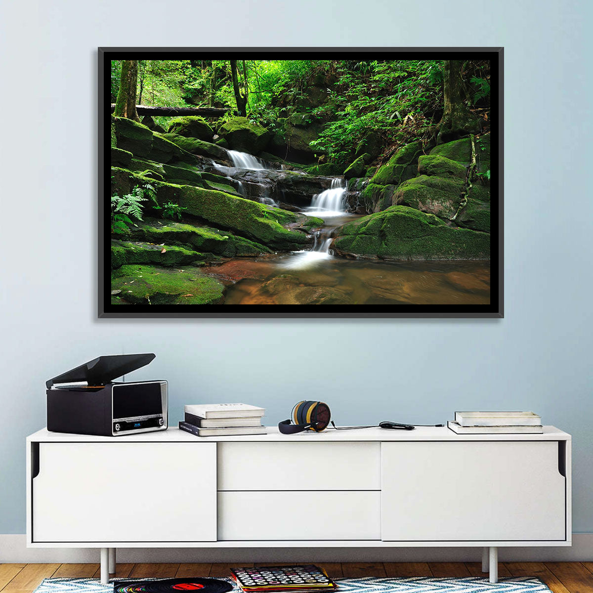 Mossy Rainforest Stream Wall Art in a room, landscape