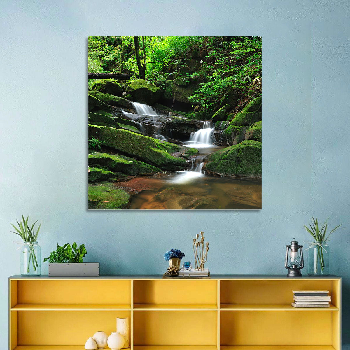 Mossy Rainforest Stream Wall Art in a room, landscape