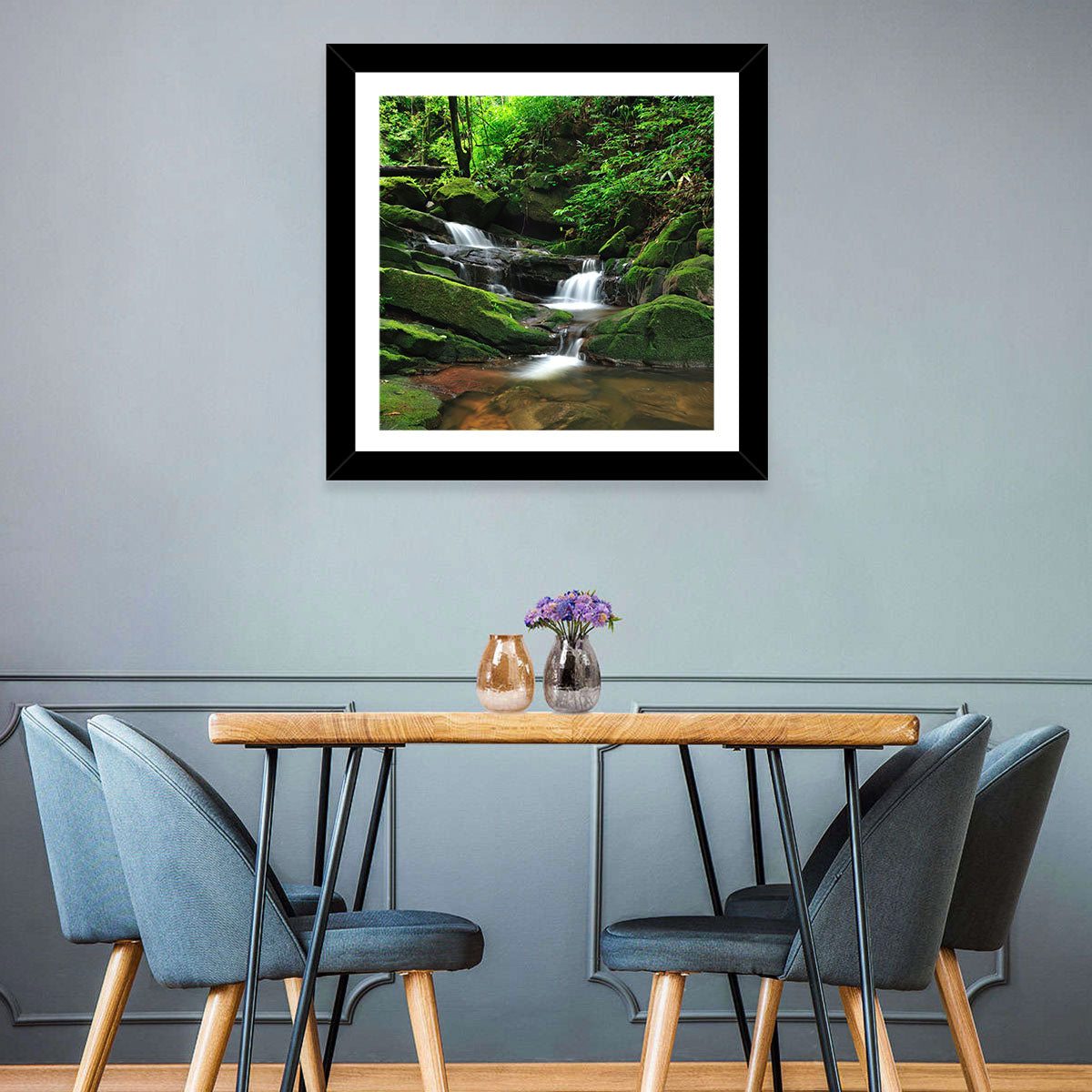 Mossy Rainforest Stream Wall Art in a room, landscape