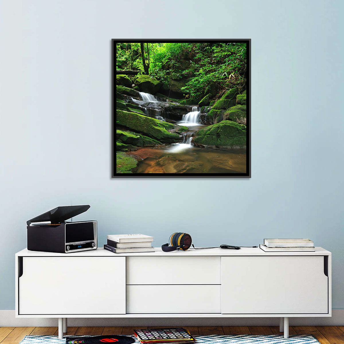 Mossy Rainforest Stream Wall Art in a room, landscape
