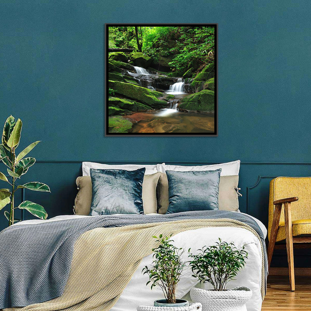 Mossy Rainforest Stream Wall Art in a room, landscape
