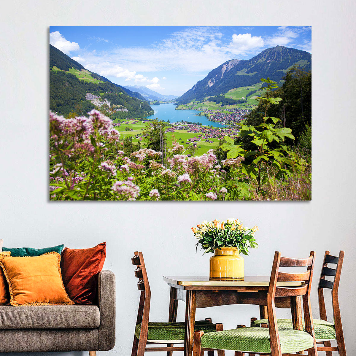 Lungern Village with Wildflowers Wall Art in a room, landscape