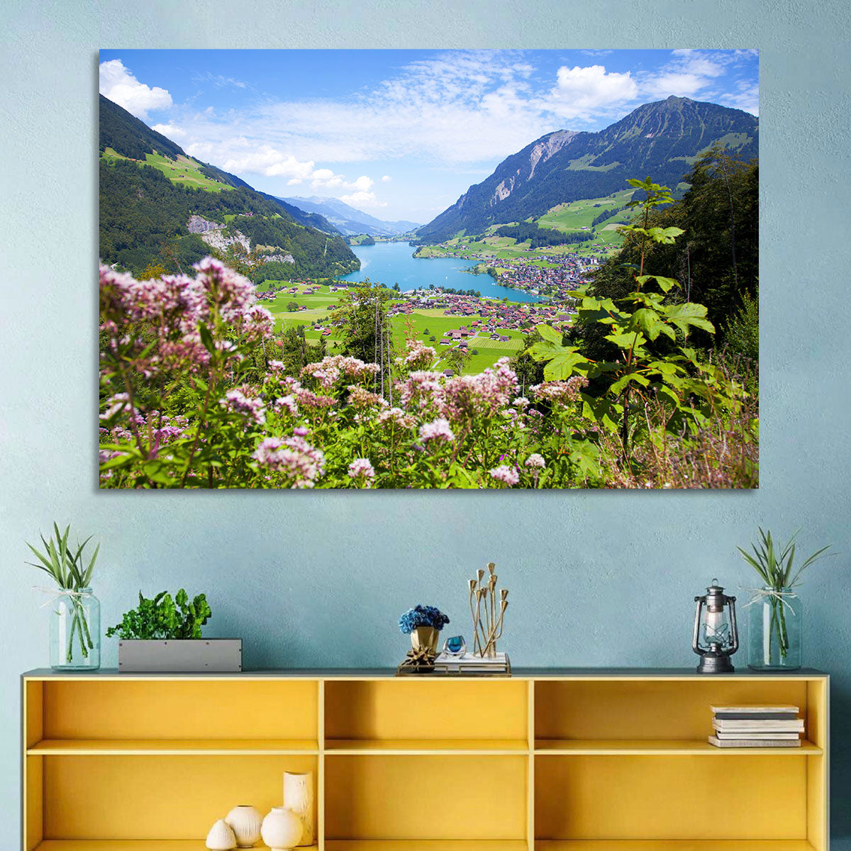 Lungern Village with Wildflowers Wall Art in a room, landscape