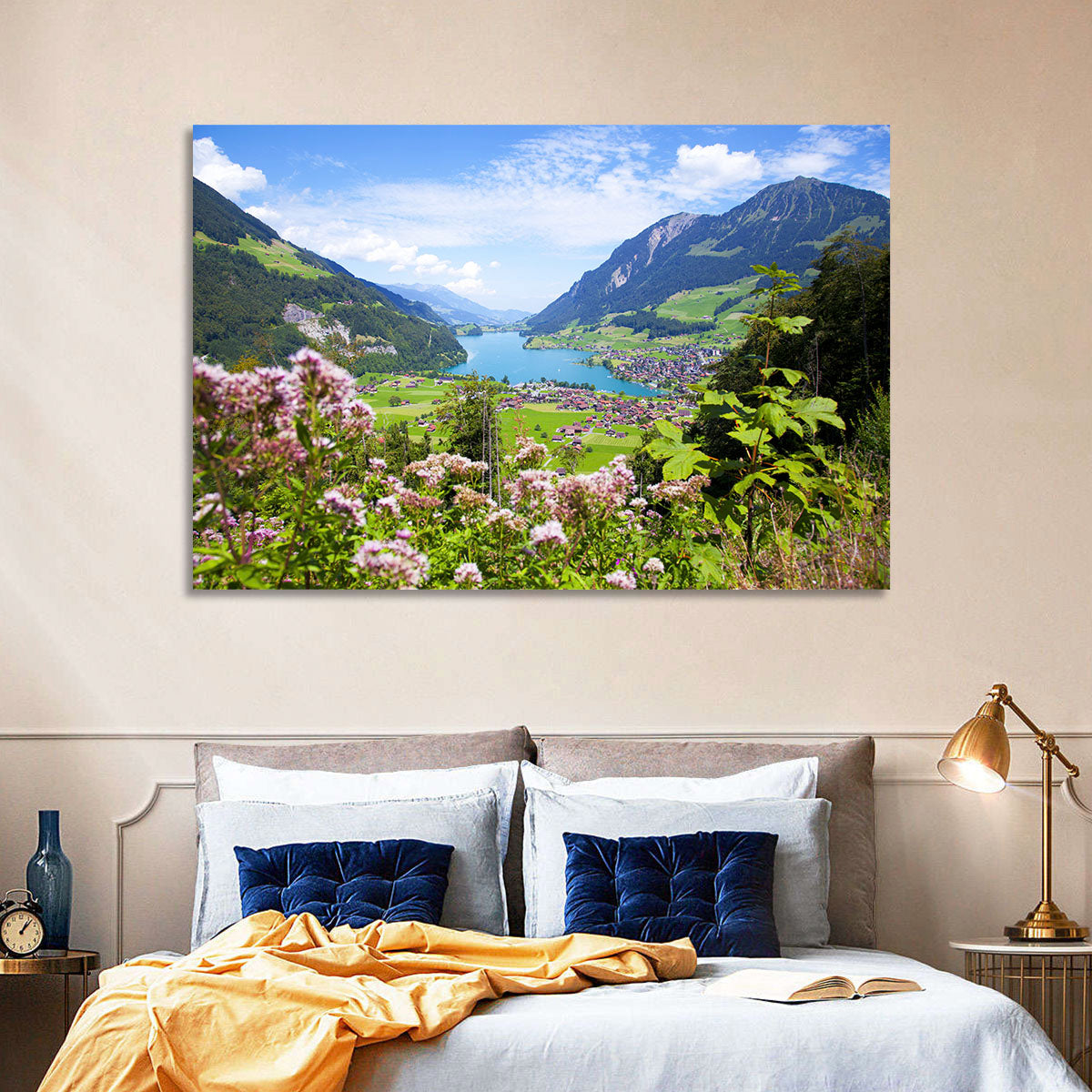 Lungern Village with Wildflowers Wall Art in a room, landscape