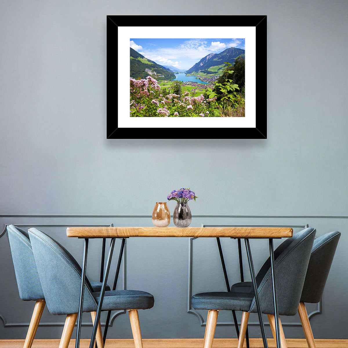 Lungern Village with Wildflowers Wall Art in a room, landscape