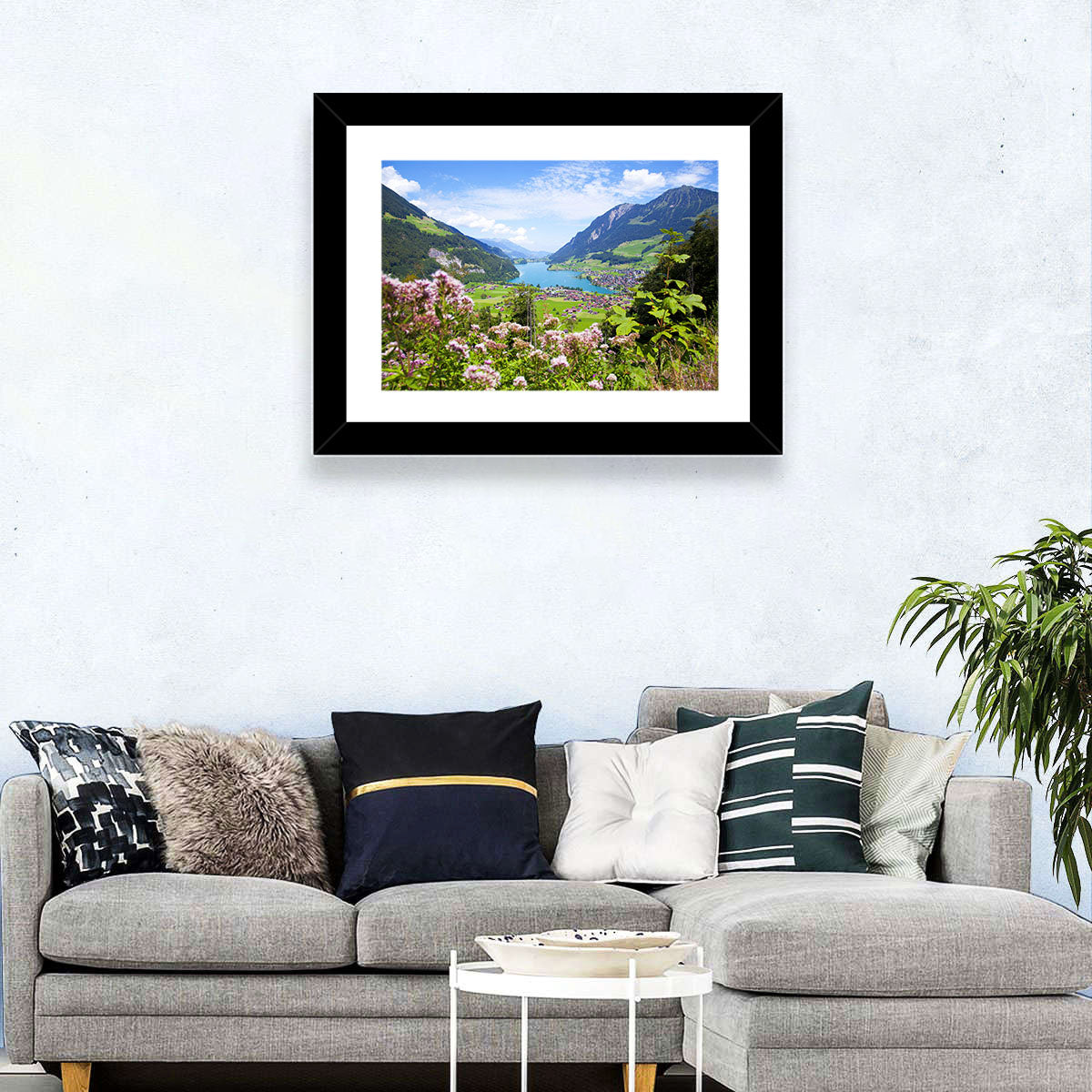Lungern Village with Wildflowers Wall Art in a room, landscape