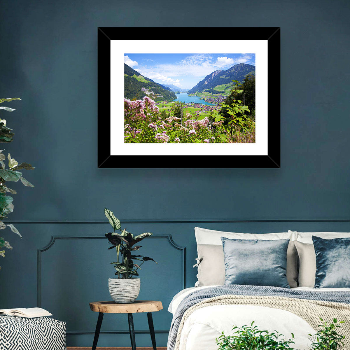 Lungern Village with Wildflowers Wall Art in a room, landscape