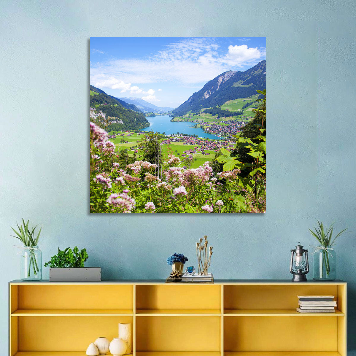 Lungern Village with Wildflowers Wall Art in a room, landscape