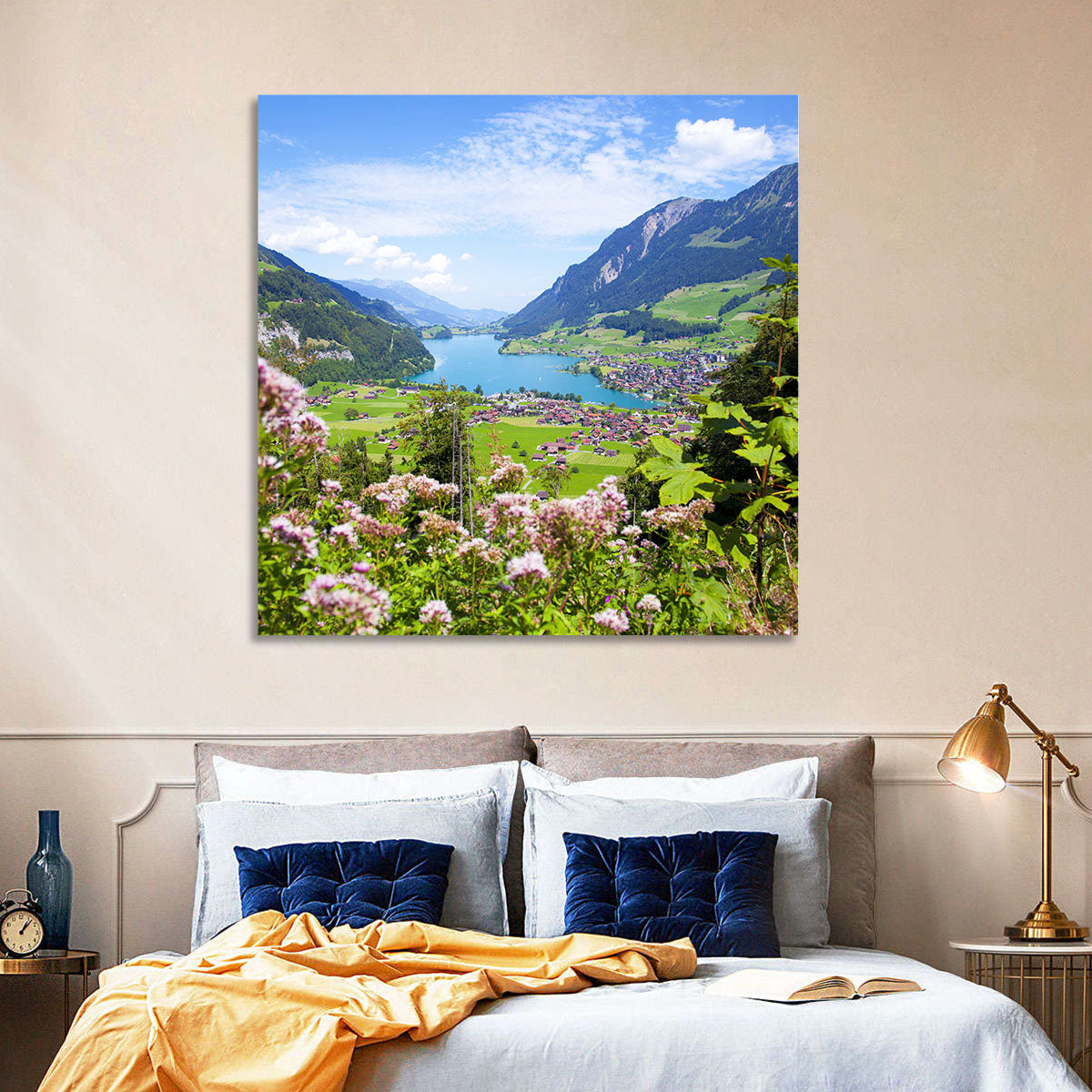 Lungern Village with Wildflowers Wall Art in a room, landscape