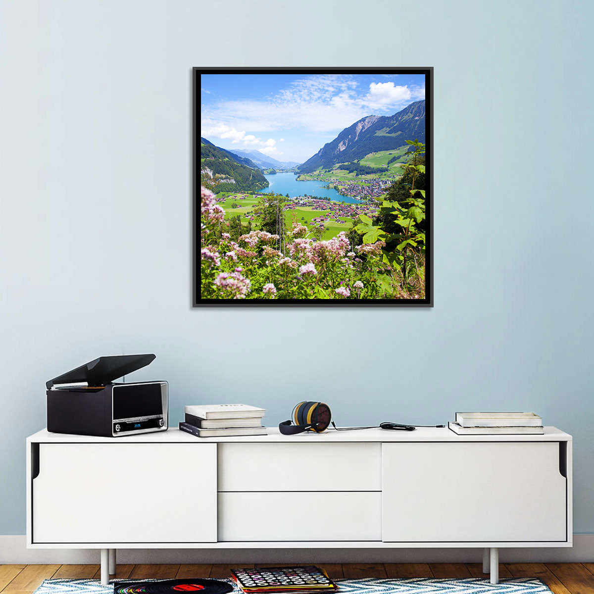 Lungern Village with Wildflowers Wall Art in a room, landscape