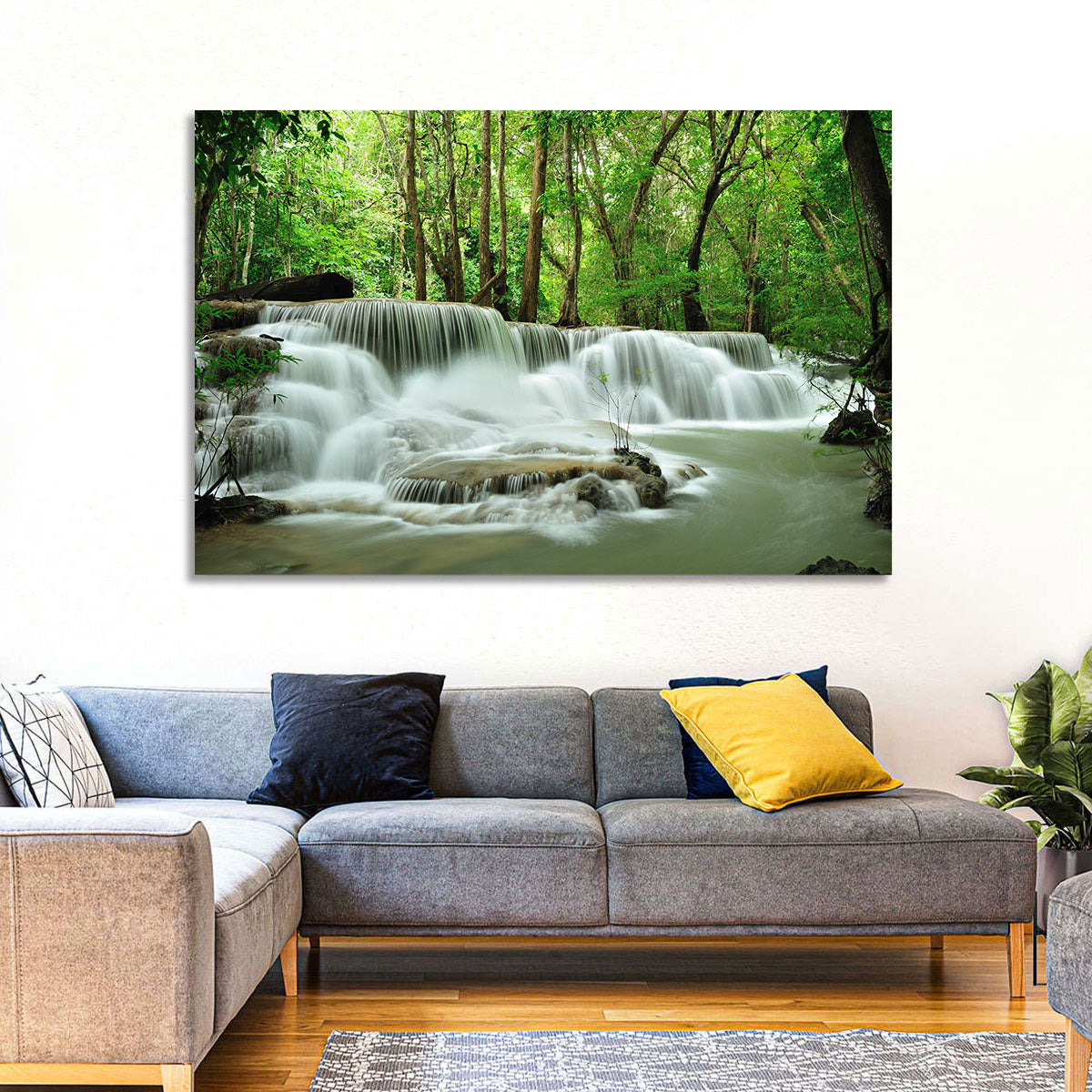 Erawan Falls Forest Cascade Wall Art in a room, landscape
