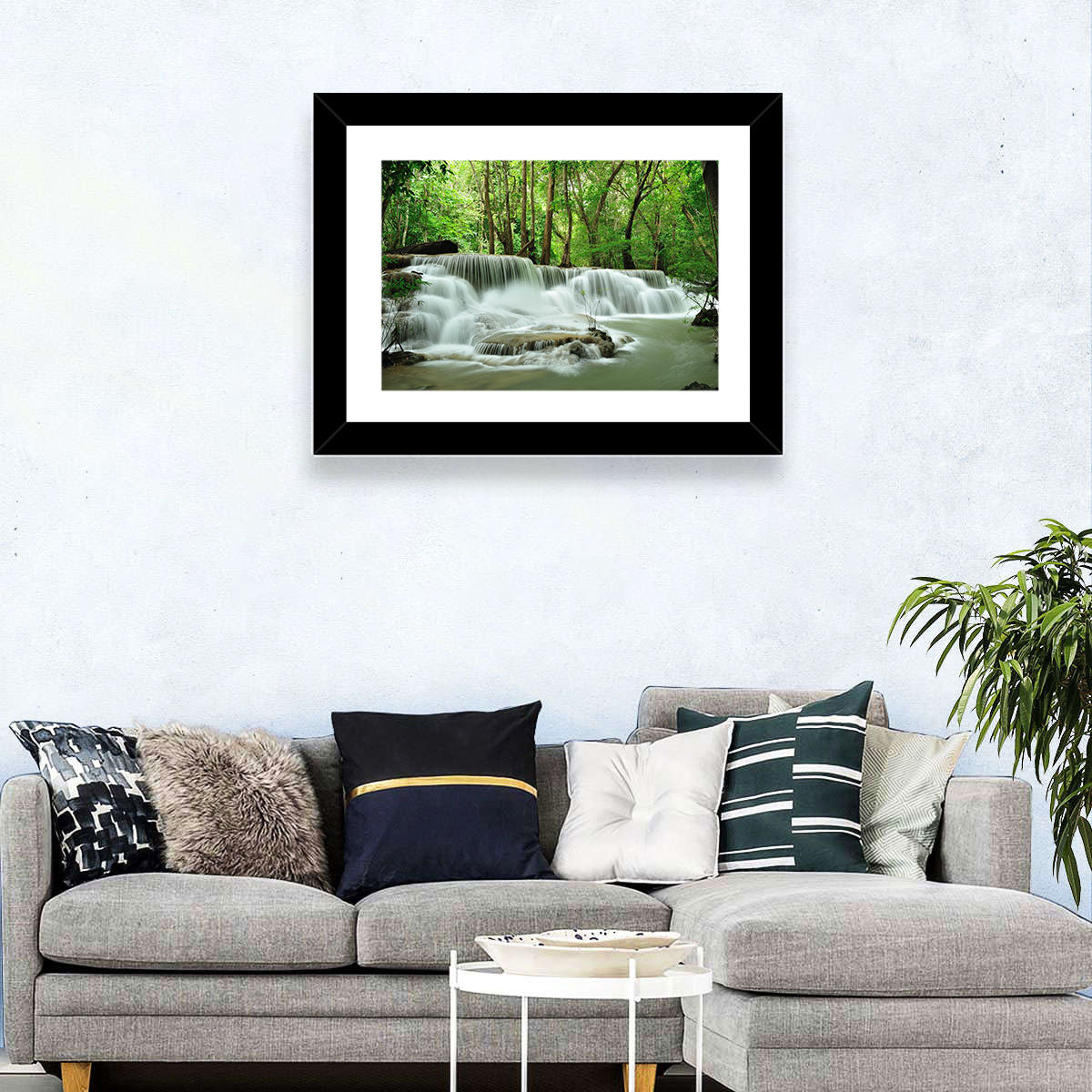 Erawan Falls Forest Cascade Wall Art in a room, landscape