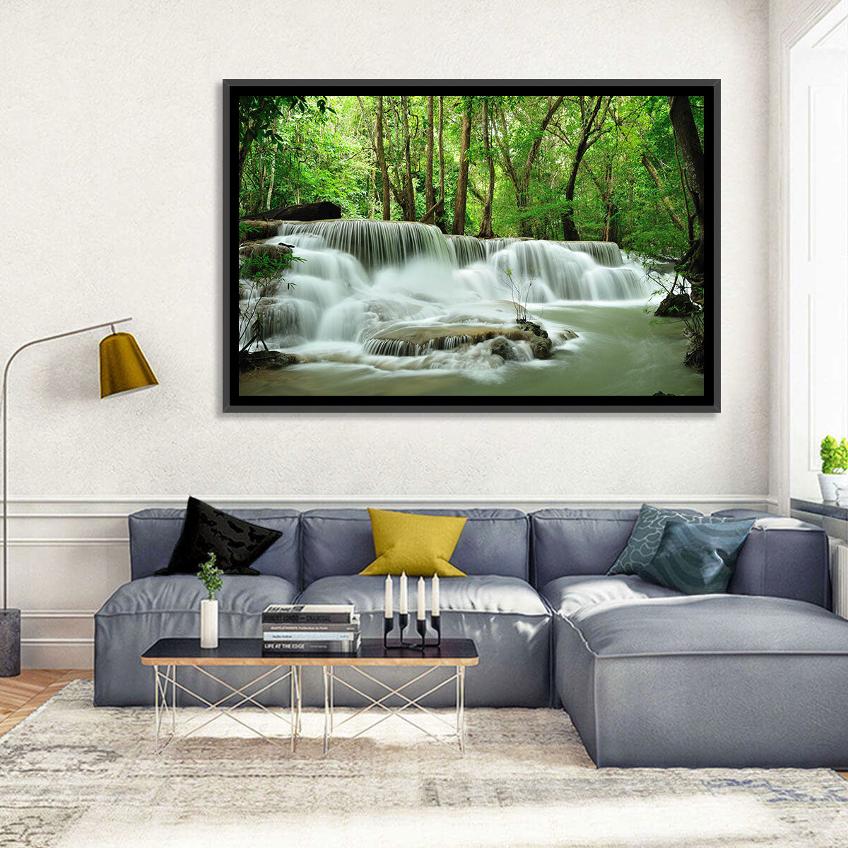 Erawan Falls Forest Cascade Wall Art in a room, landscape