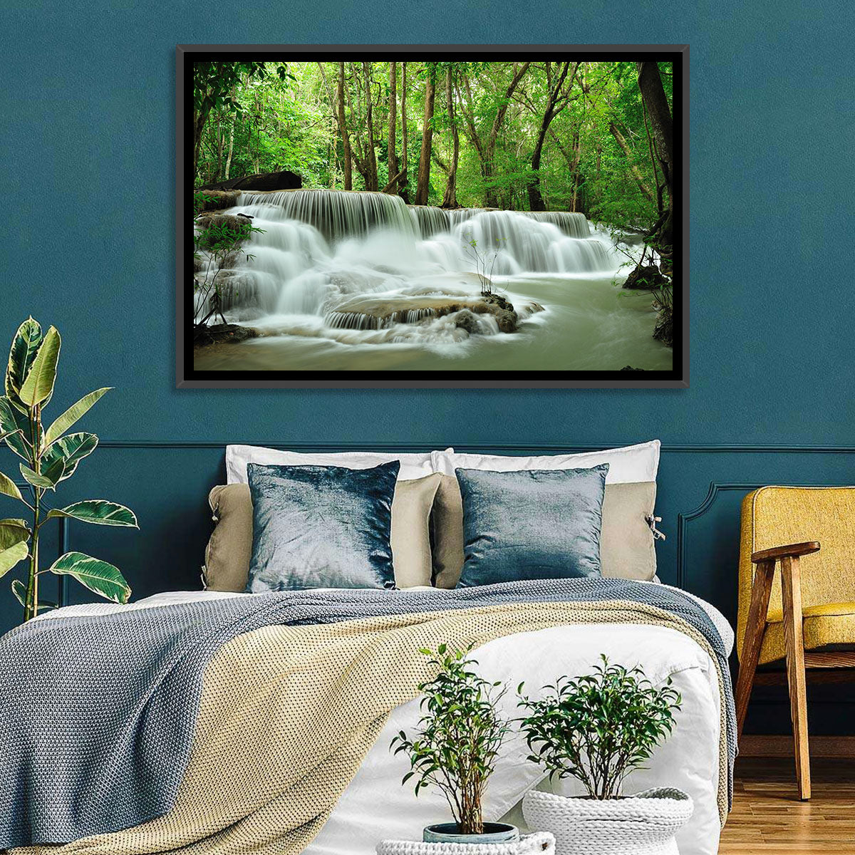 Erawan Falls Forest Cascade Wall Art in a room, landscape