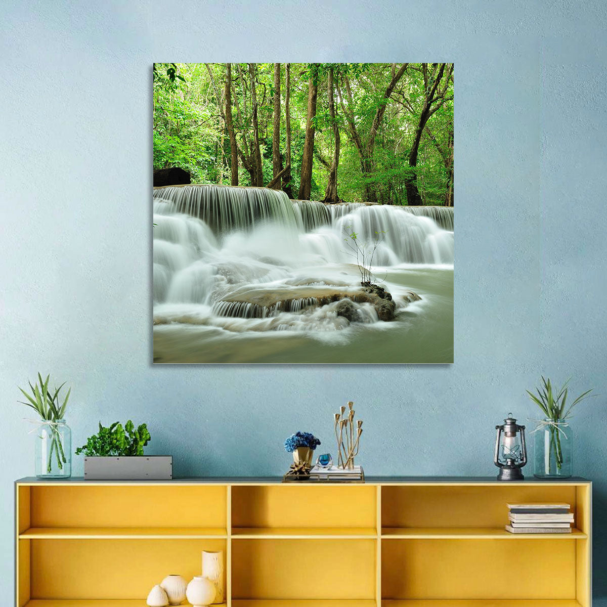Erawan Falls Forest Cascade Wall Art in a room, landscape
