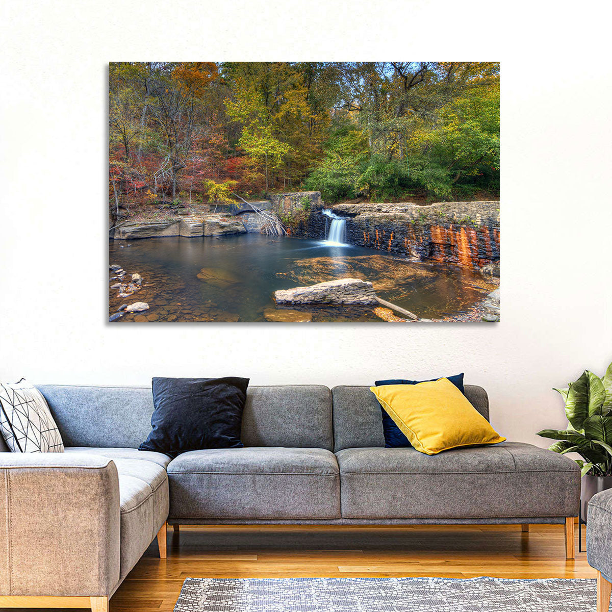 Freeman Mill Stone Dam Pond Wall Art in a room, landscape