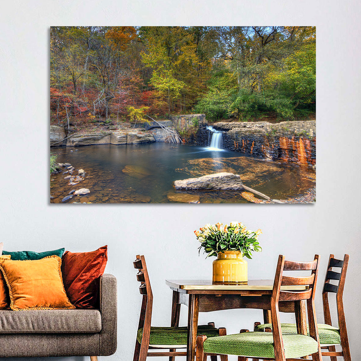 Freeman Mill Stone Dam Pond Wall Art in a room, landscape