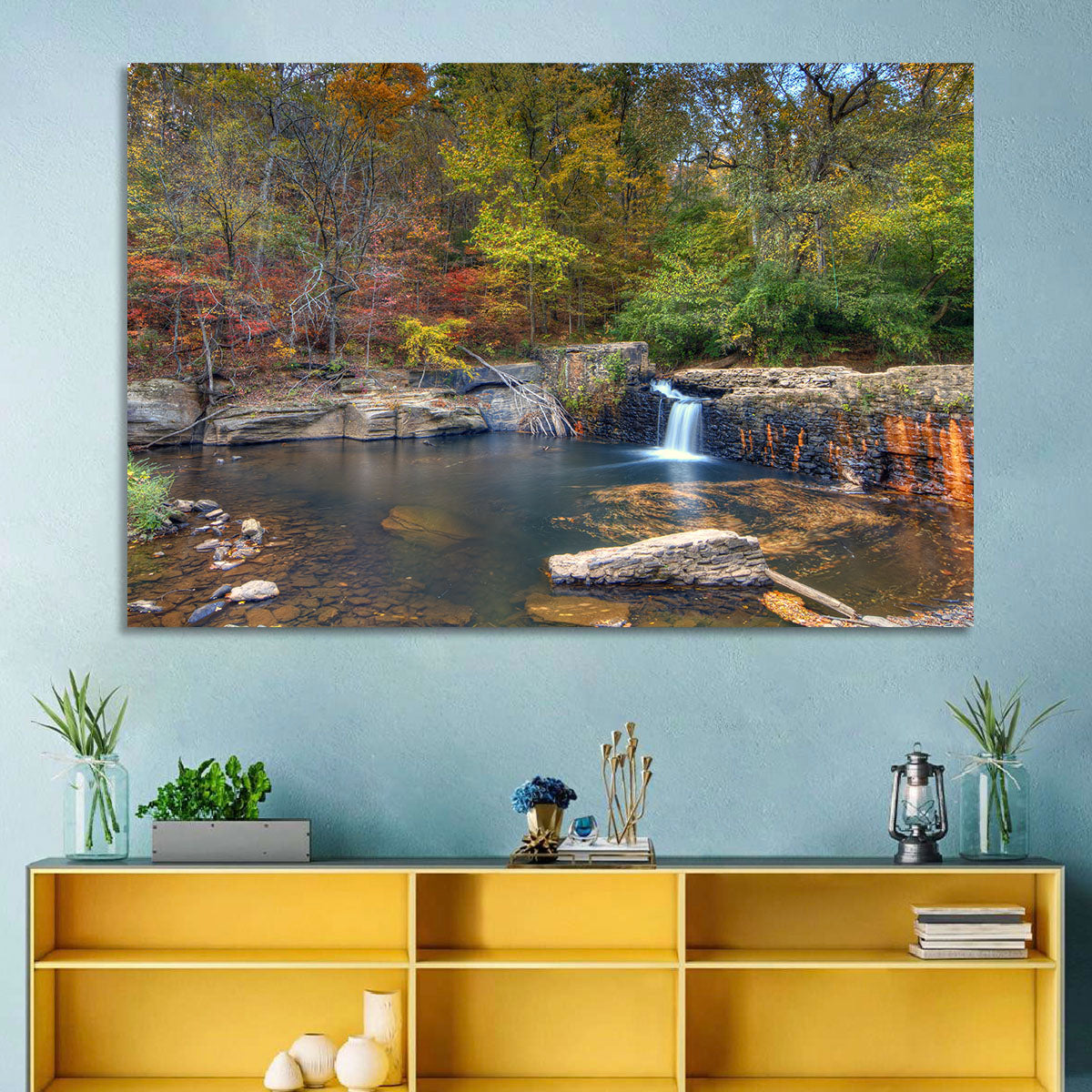 Freeman Mill Stone Dam Pond Wall Art in a room, landscape
