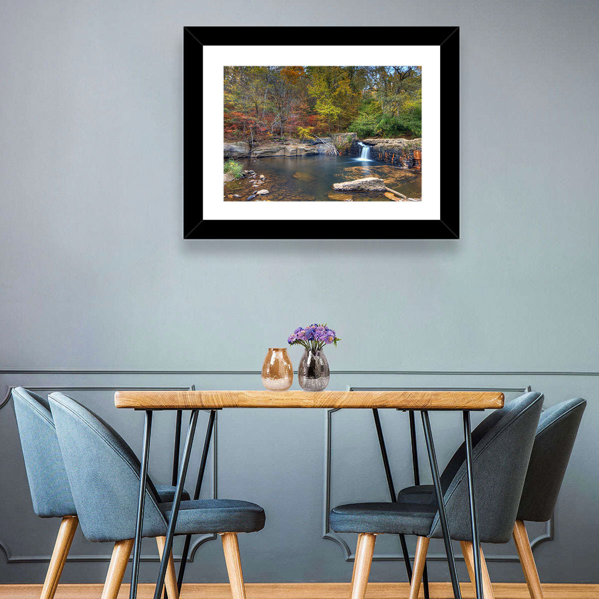 Freeman Mill Stone Dam Pond Wall Art in a room, landscape