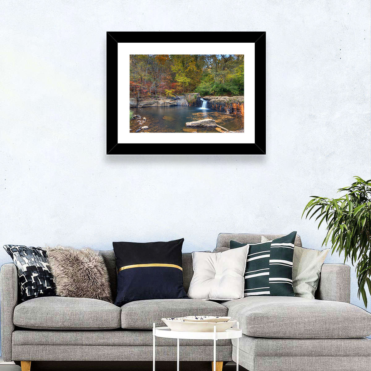 Freeman Mill Stone Dam Pond Wall Art in a room, landscape