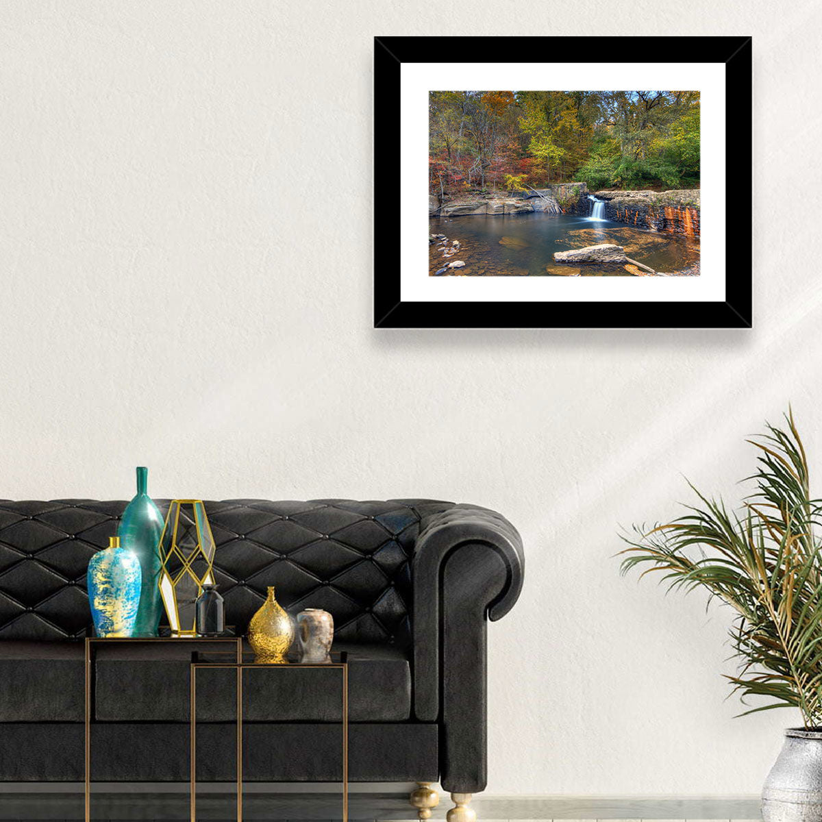Freeman Mill Stone Dam Pond Wall Art in a room, landscape