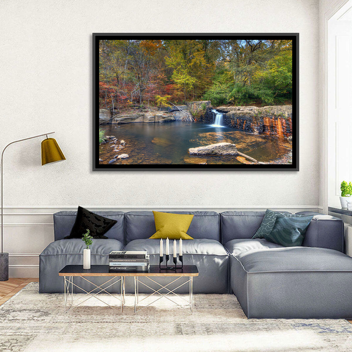 Freeman Mill Stone Dam Pond Wall Art in a room, landscape