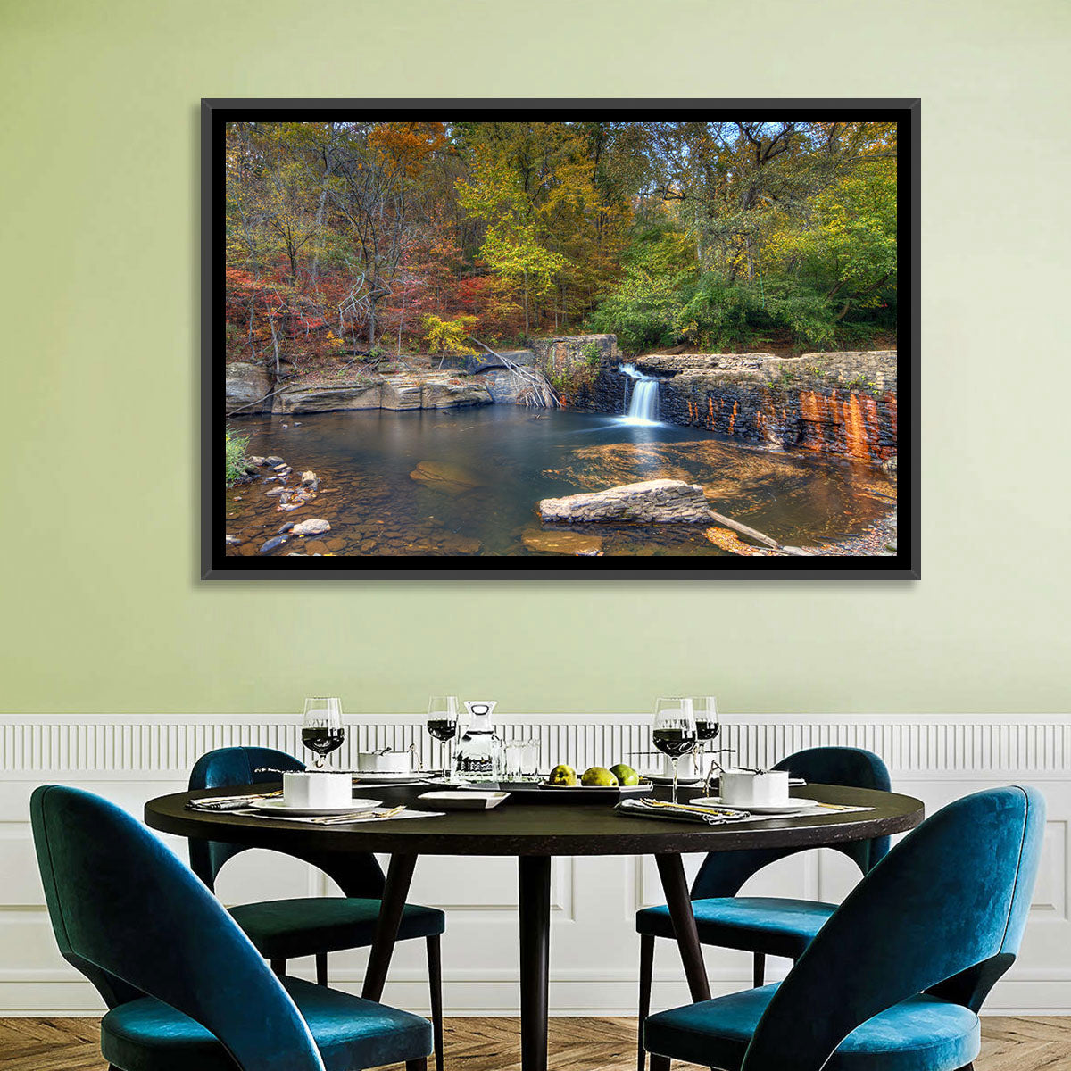 Freeman Mill Stone Dam Pond Wall Art in a room, landscape