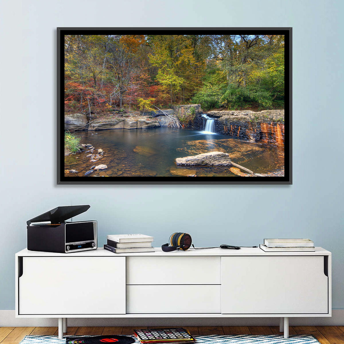 Freeman Mill Stone Dam Pond Wall Art in a room, landscape