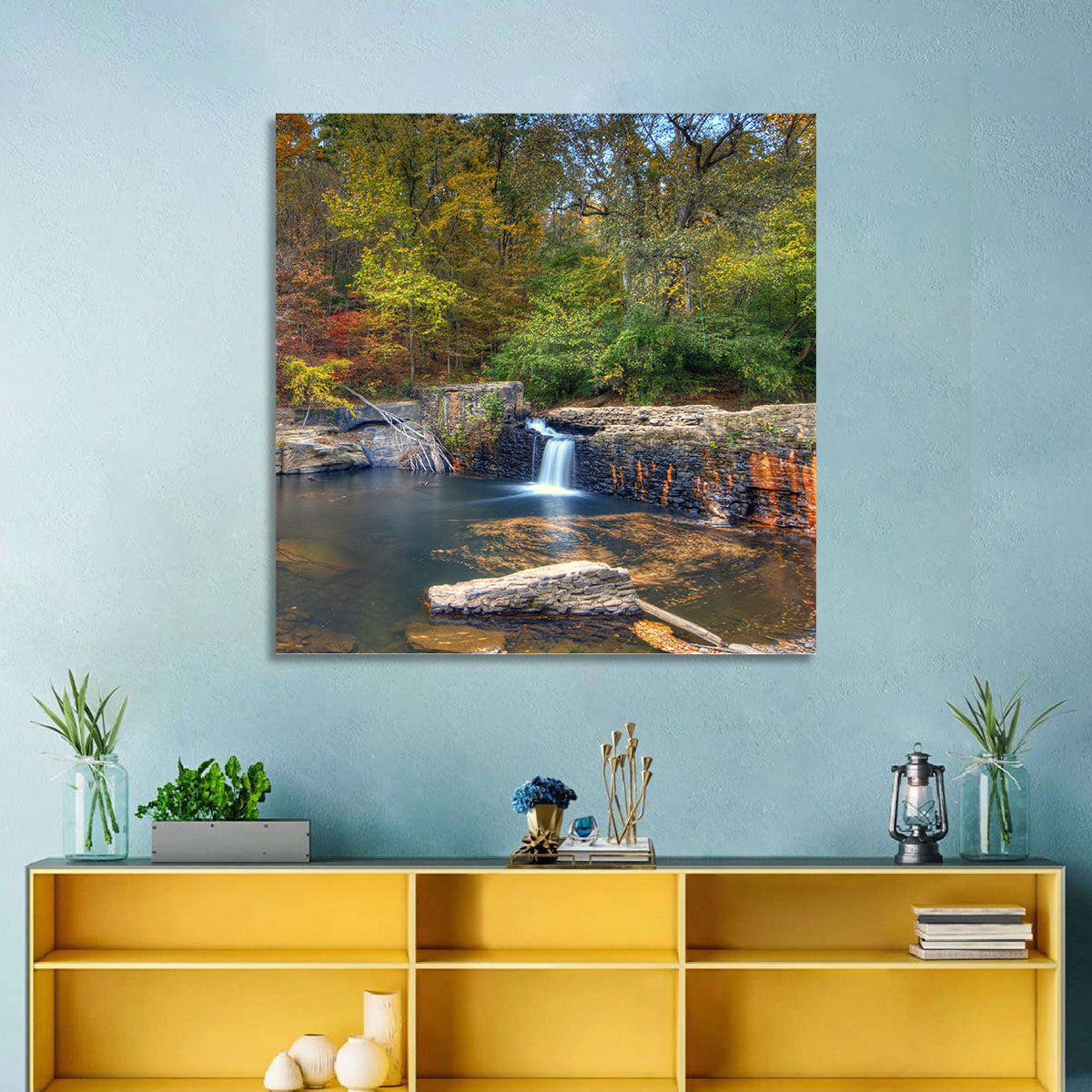Freeman Mill Stone Dam Pond Wall Art in a room, landscape