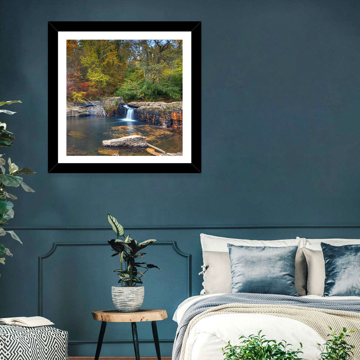 Freeman Mill Stone Dam Pond Wall Art in a room, landscape